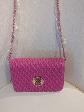 bebe Pink Woven Crossbody with Gold-Tone Hardware